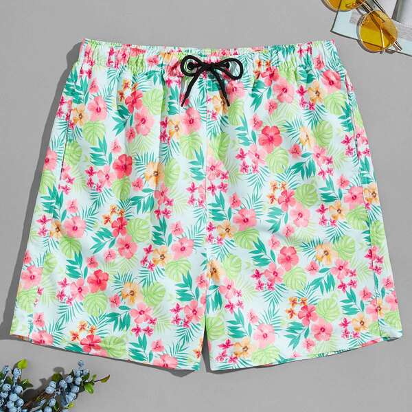 

Men Allover Floral Drawstring Swim Trunks, Multicolor