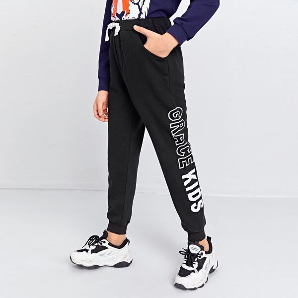 

Boys Letter Graphic Slant Pocket Sweatpants, Black