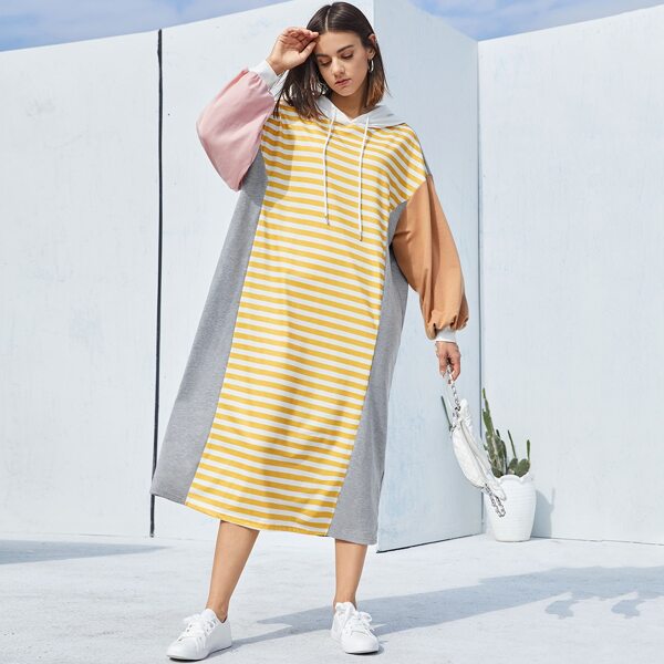 

Drop Shoulder Colorblock Striped Hooded Dress, Multicolor