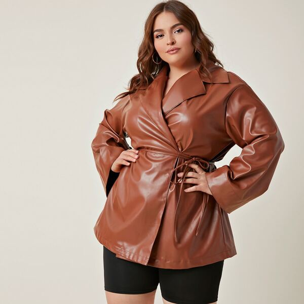 

Plus Flounce Sleeve Self Belted PU Blazer, Rust brown