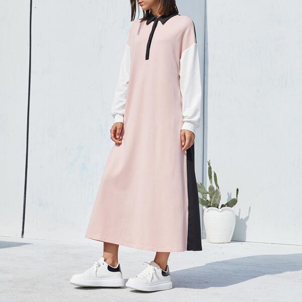 

Buttoned Half Placket Drop Shoulder Sweatshirt Dress, Multicolor
