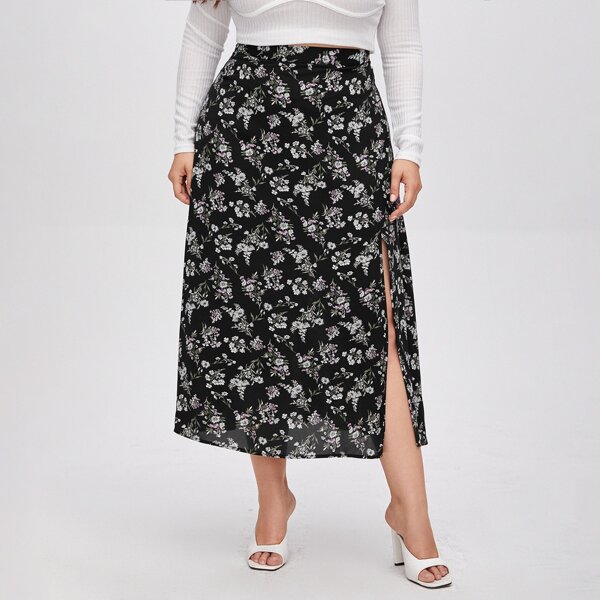 

Plus Split Hem Floral Skirt, Black