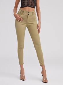 High Waist High Stretch Skinny Jeggings - Khaki - View 1