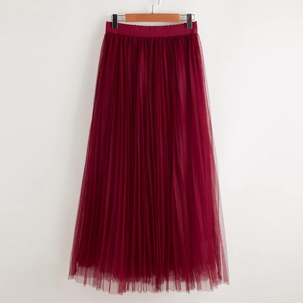 

Wideband Waist Pleated Mesh Skirt, Burgundy