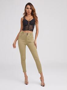 High Waist High Stretch Skinny Jeggings - Khaki - View 5