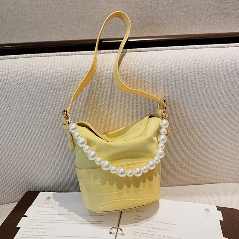 

Croc Embossed Faux Pearl Handle Bucket Bag, Yellow pastel