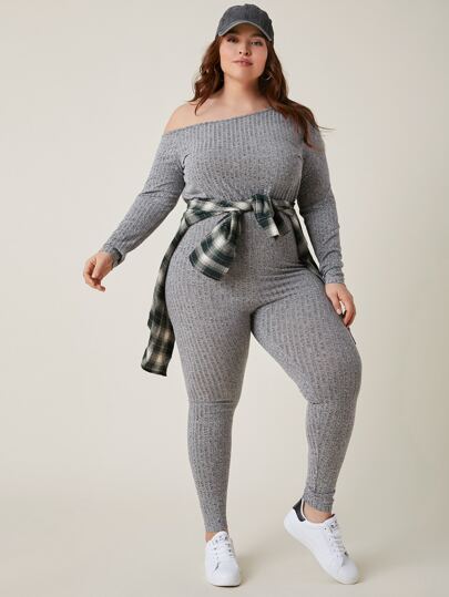 Plus Asymmetrical Neck Rib-knit Unitard Jumpsuit