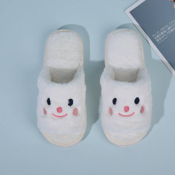 

Embroidered Detail Fluffy Slippers, White