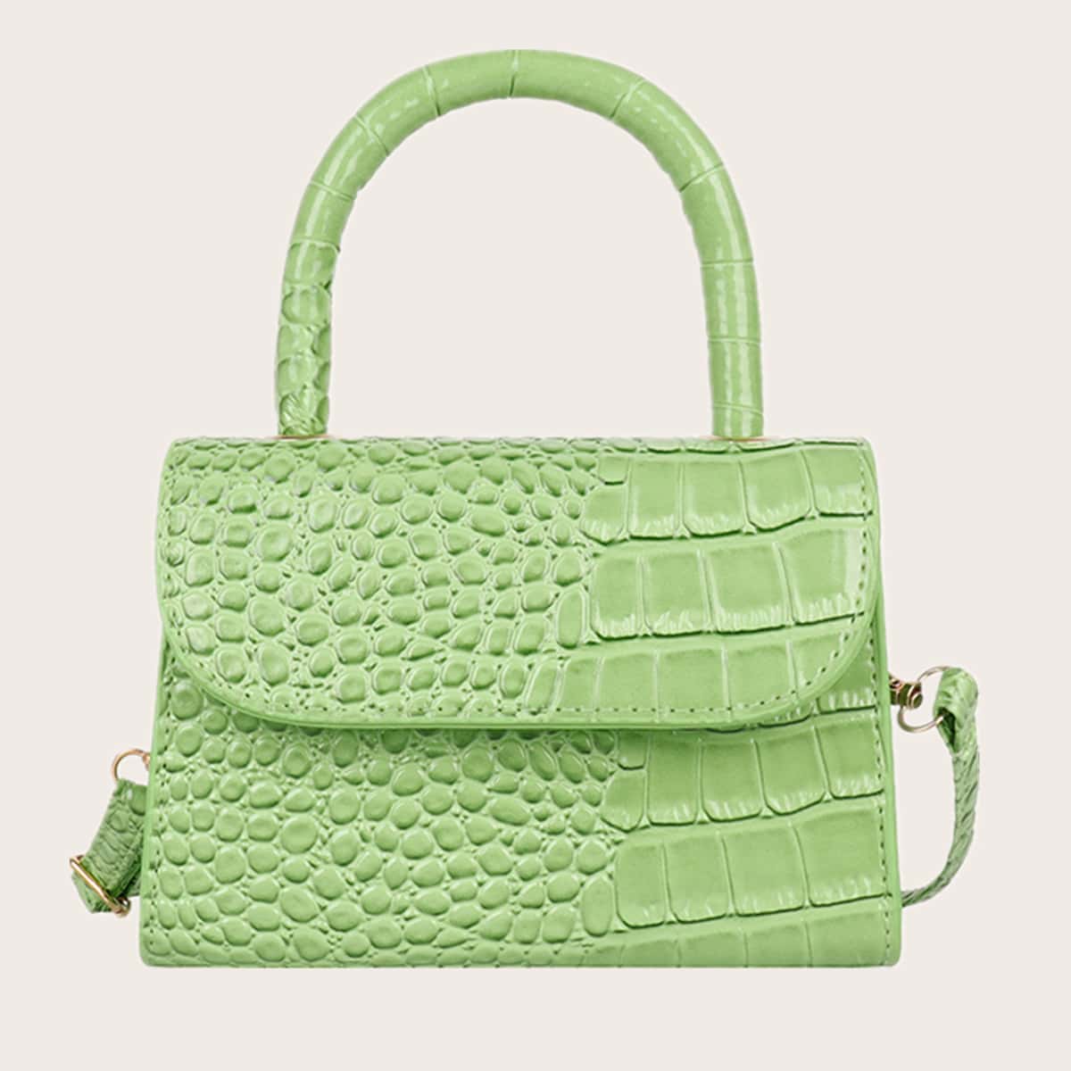 

Croc Embossed Flap Satchel Bag, Green
