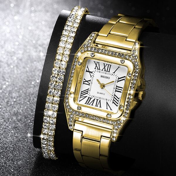 

1pc Rhinestone Decor Square Pointer Quartz Watch & 1pc Bracelet
