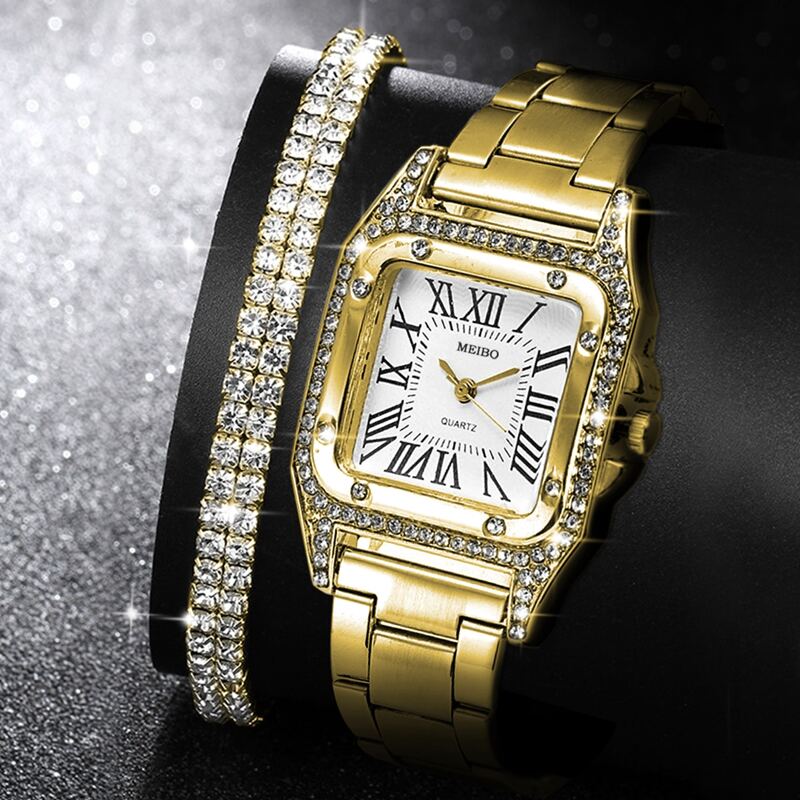 

1pc Rhinestone Decor Square Pointer Quartz Watch & 1pc Bracelet