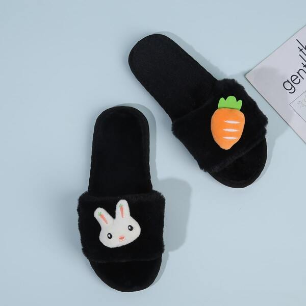 

Rabbit & Carrot Decor Fluffy Slippers, Black
