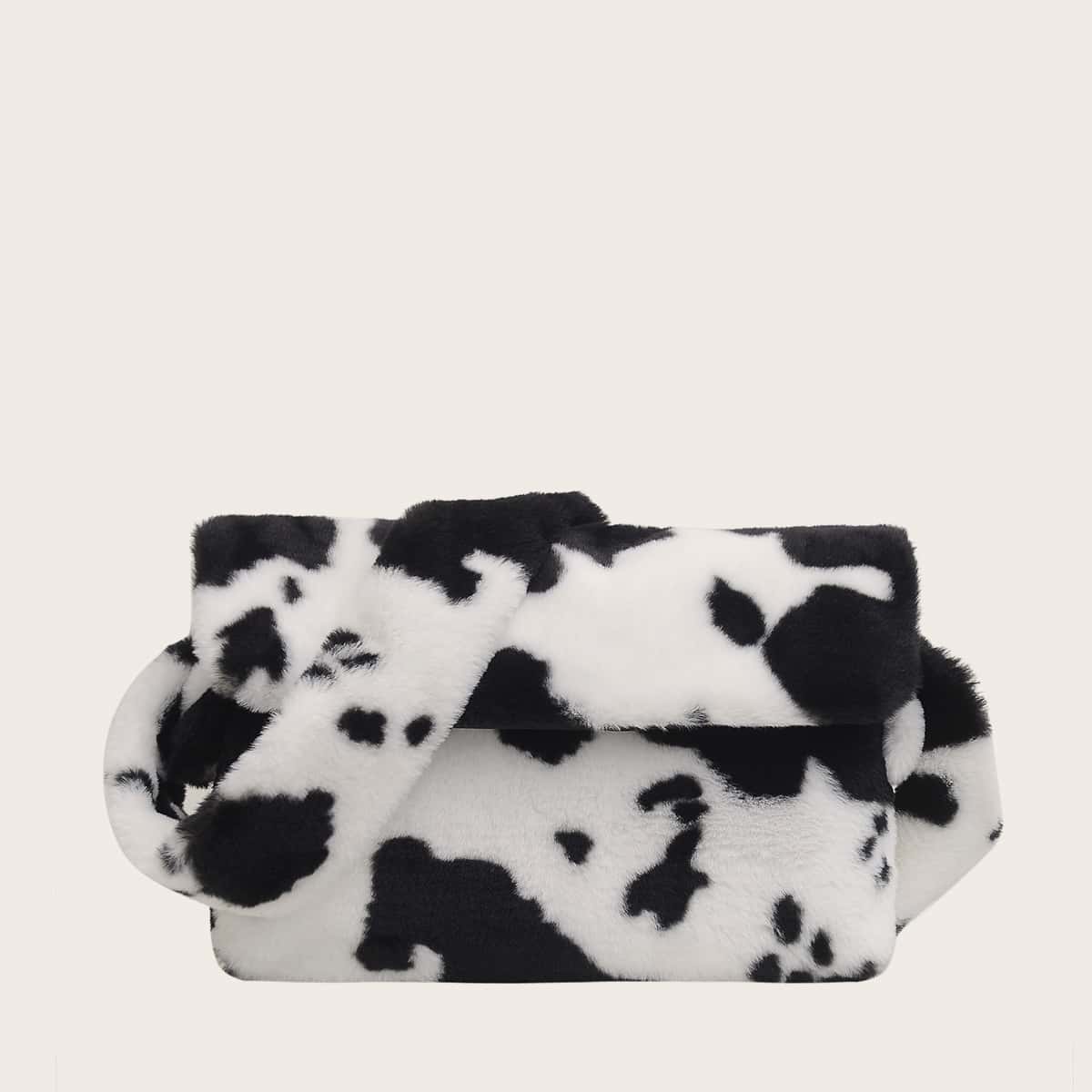 

Cow Print Fluffy Crossbody Bag, Black and white