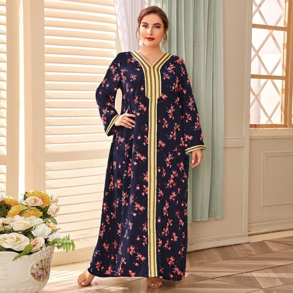 

Plus Contrast Tape Floral Print Dress, Navy blue