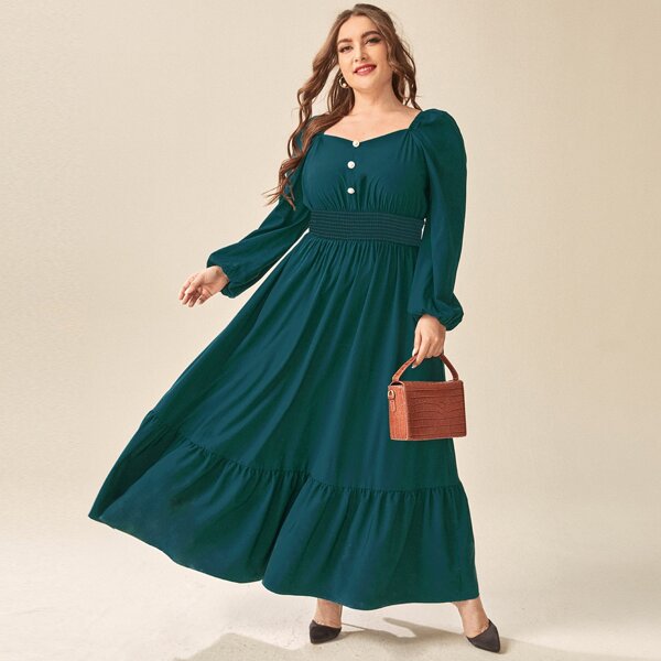 

Plus Sweetheart Neck Puff Sleeve Shirred Waist Dress, Teal blue