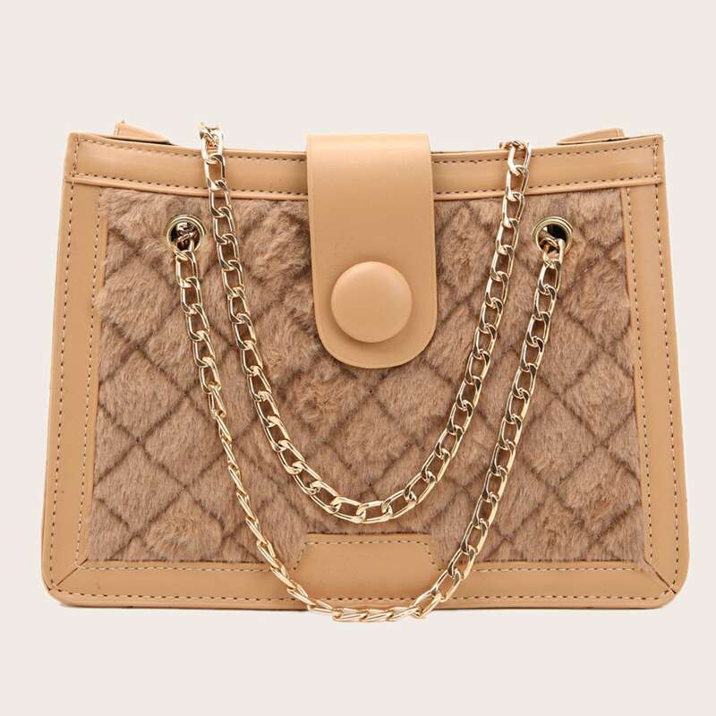 

Faux Fur Quilted Chain Bag, Brown