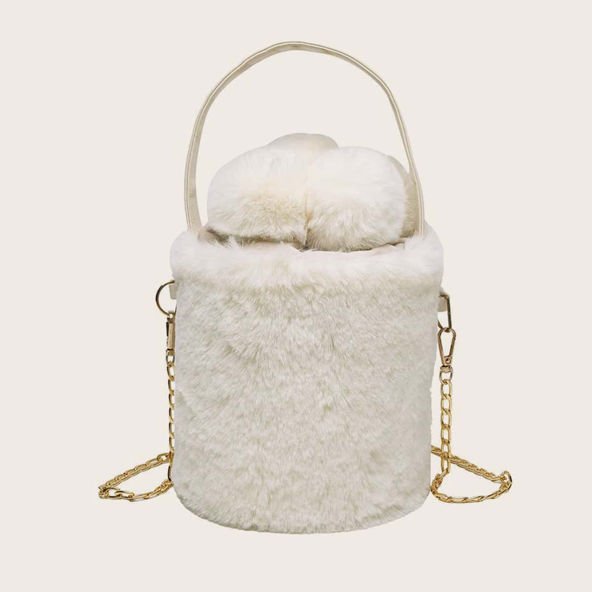

Pom Pom Decor Fluffy Bucket Bag, White