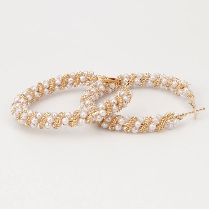 

Faux Pearl & Chain Twisted Hoop Earrings, Gold