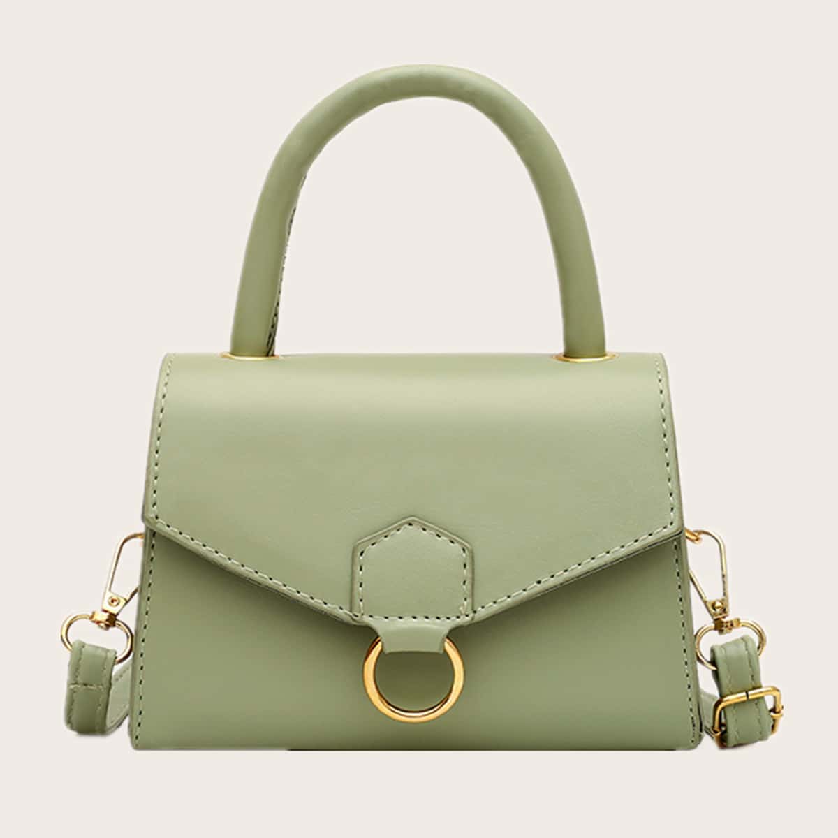 

Ring Decor Flap Satchel Bag, Green