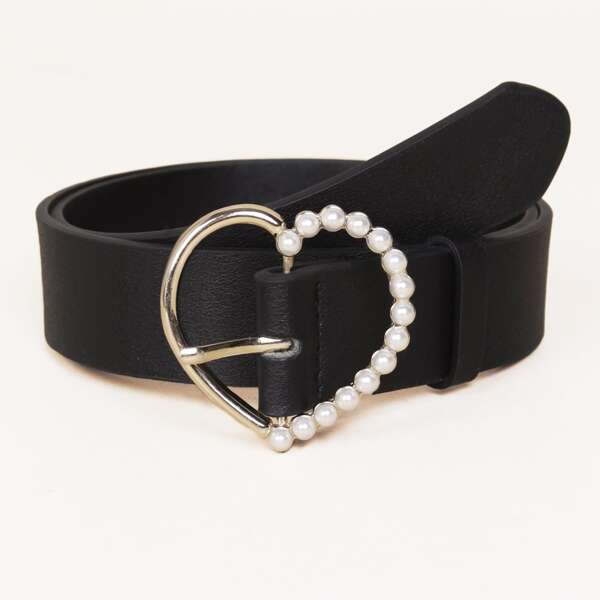 

Kids Faux Pearl Heart Buckle Belt, Black