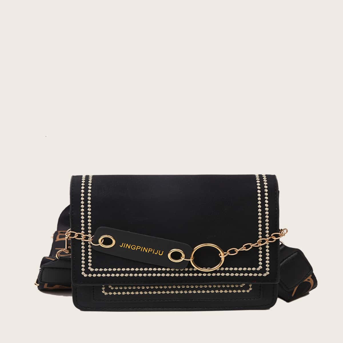 

Embroidery Edge Chain Decor Crossbody Bag, Black