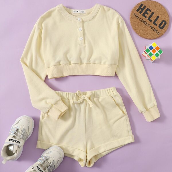 

Girls Button Half Placket Pullover and Cuffed Track Shorts Set, Beige