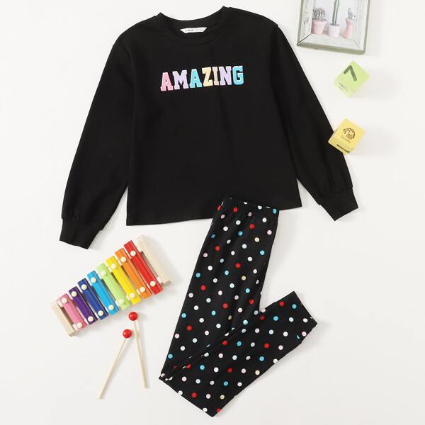

Girls Letter Graphic Pullover and Leggings PJ Set, Black