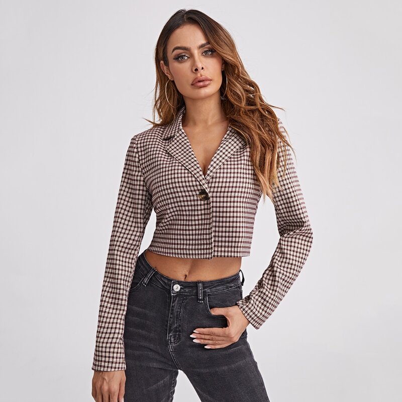 

Plaid Single Button Crop Blazer, Multicolor