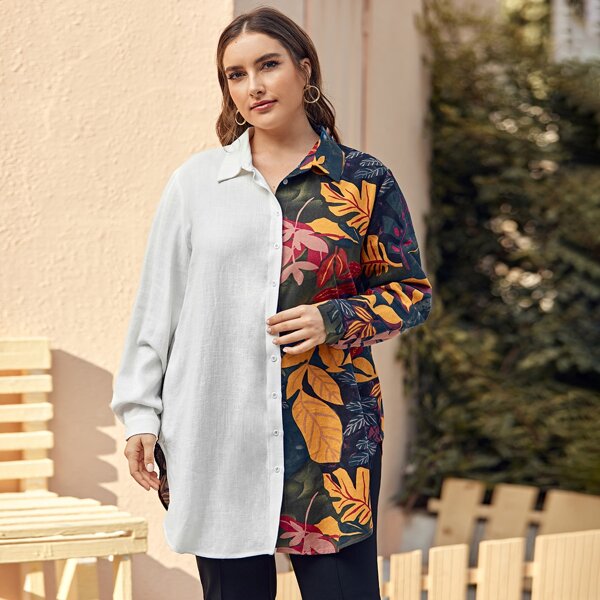 

Plus Floral Panel Curved Hem Splice Longline Blouse, Multicolor