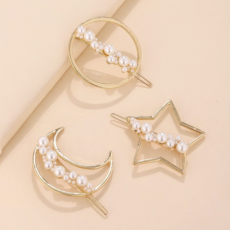 

3pcs Moon & Star Faux Pearl Decor Hair Clip, Gold