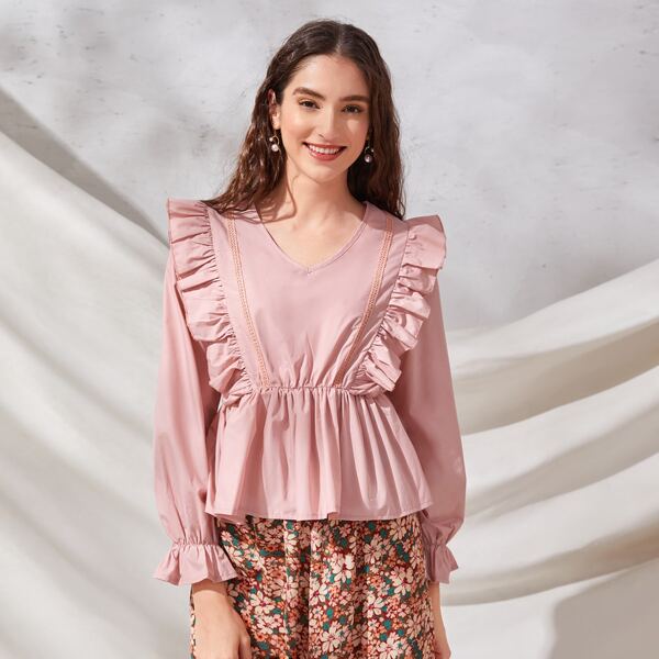 

Ruffle Trim V Neck Peplum Blouse, Dusty pink
