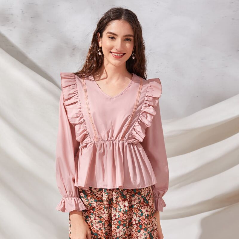 

Ruffle Trim V Neck Peplum Blouse, Dusty pink