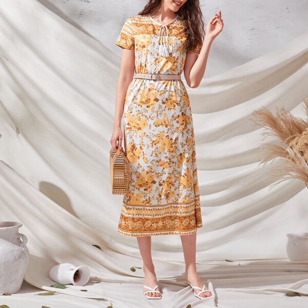 

All Over Floral Print Tie Neck Dress, Multicolor