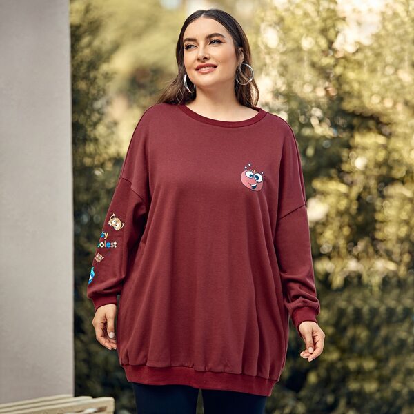 

Plus Letter and Cartoon Graphic Drop Shoulder Pullover, Redwood