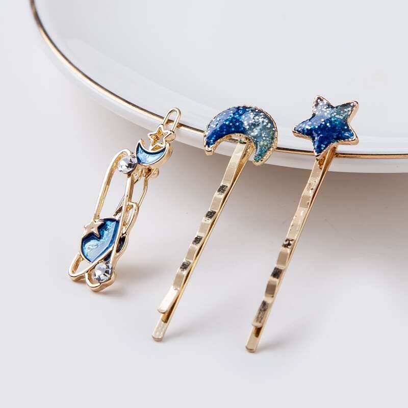 

3pcs Moon & Star Decor Hair Clip, Multicolor