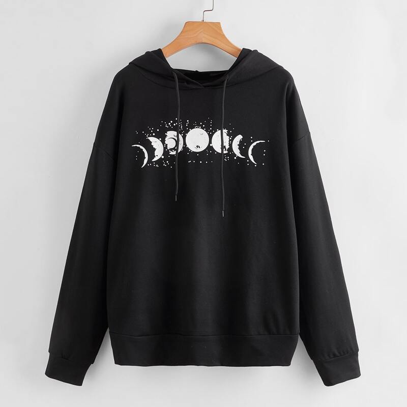 

Moon Graphic Drawstring Hoodie, Black