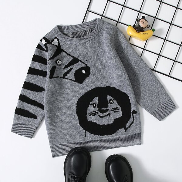 

Baby Girl Cartoon Zebra And Lion Pattern Sweater, Grey