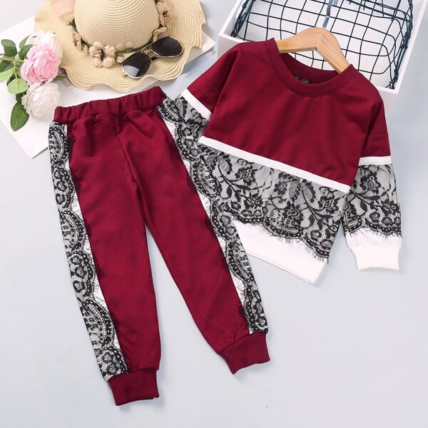 

Toddler Girls Two Tone Contrast Lace Sweatshirt With Sweatpants, Multicolor