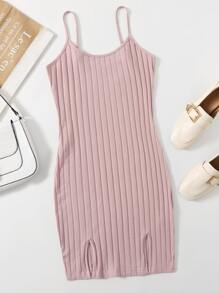 SHEIN EZwear 開衩下擺羅紋針織洋裝 - 藕粉色 - 查看 1