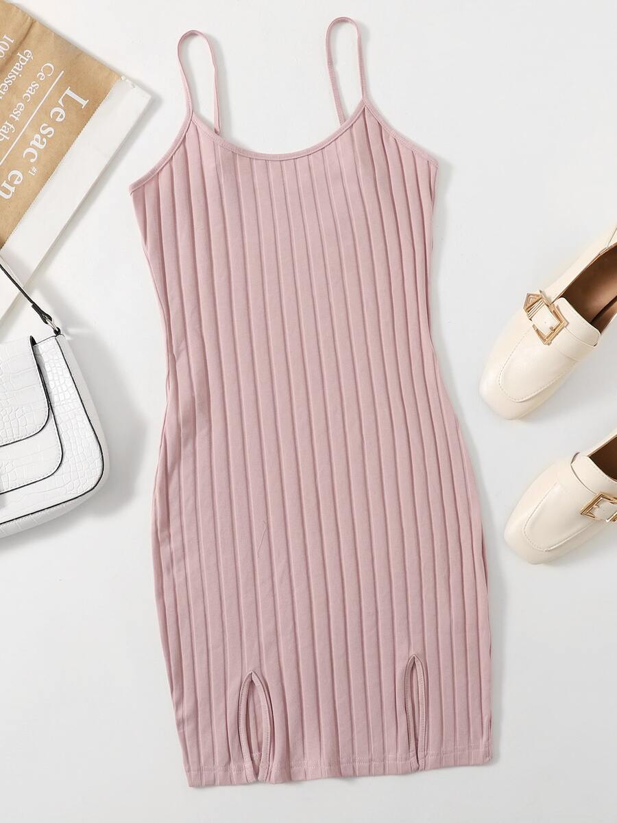 SHEIN EZwear 開衩下擺羅紋針織洋裝 - 藕粉色 - 查看 1