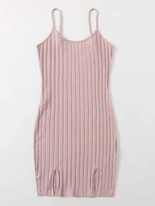 SHEIN EZwear 開衩下擺羅紋針織洋裝 - 藕粉色 - 查看 3