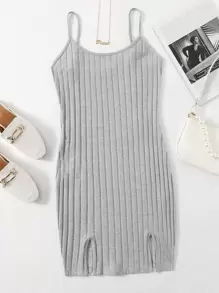 SHEIN EZwear 開衩下擺羅紋針織洋裝 - 淺灰色 - 查看 1
