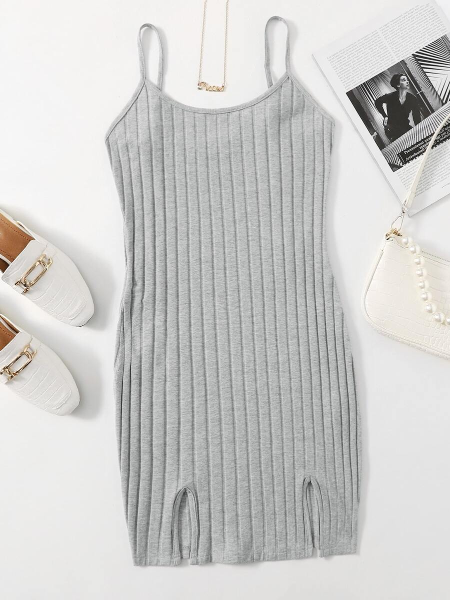 SHEIN EZwear 開衩下擺羅紋針織洋裝 - 淺灰色 - 查看 1