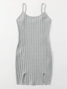 SHEIN EZwear 開衩下擺羅紋針織洋裝 - 淺灰色 - 查看 3