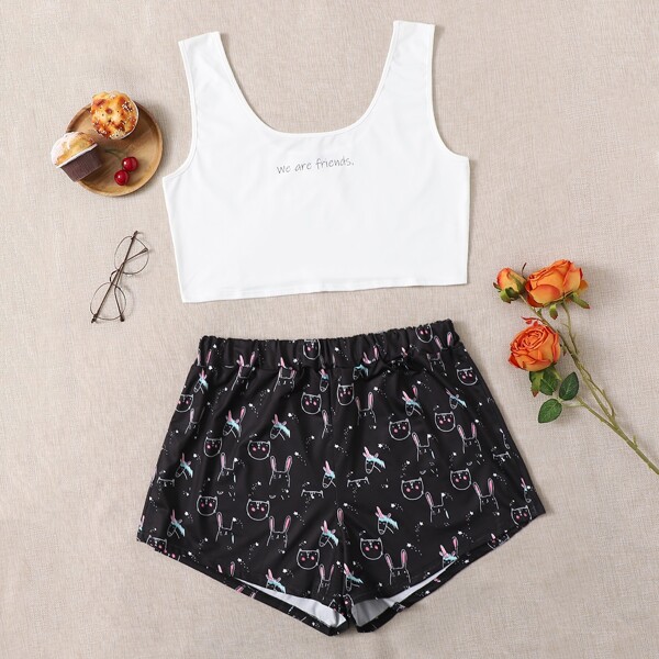 

Plus Slogan Graphic Tank Top & Cartoon Pants Pajama Set, Black and white
