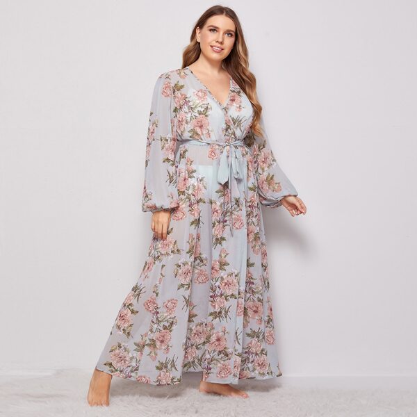 

Plus Bishop Sleeve Self Belted Floral Robe Without Lingerie Set, Multicolor