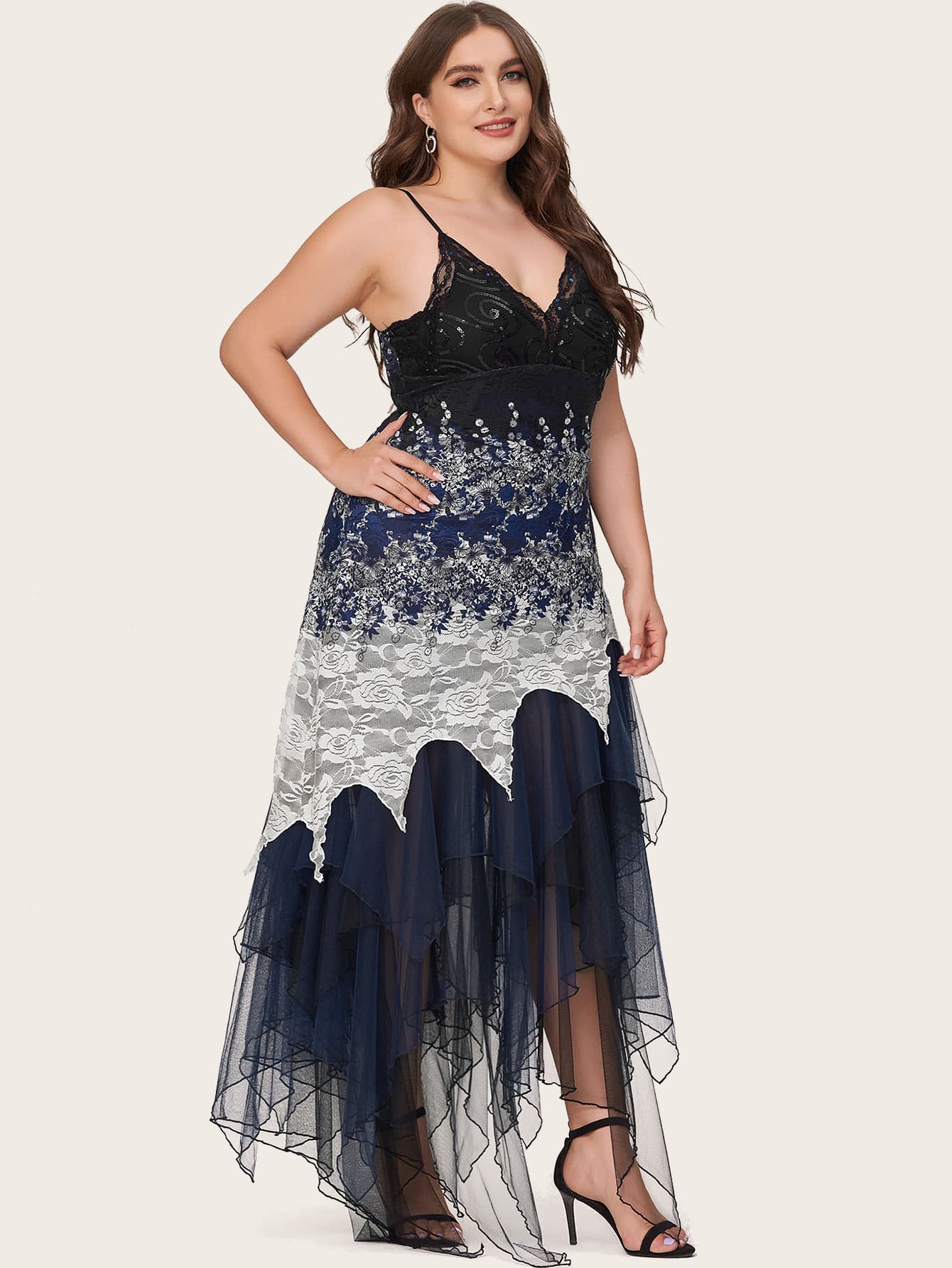 plus dip hem layered floral lace dress