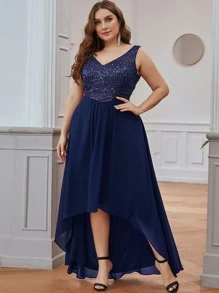 Plus High Low Hem Sequin Bodice Prom Bridesmaid Dress - Navy Blue - View 1