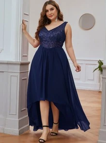 Plus High Low Hem Sequin Bodice Prom Bridesmaid Dress - Navy Blue - View 4
