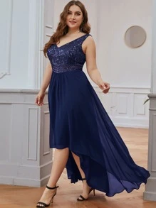 Plus High Low Hem Sequin Bodice Prom Bridesmaid Dress - Navy Blue - View 5